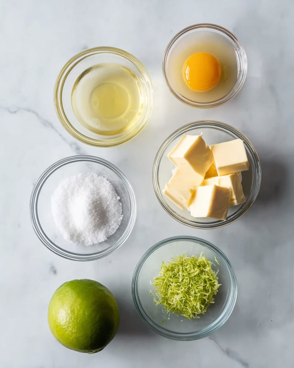 A white marbled surface holds seven clear glass bowls arranged in a loose circular pattern, each with different ingredients. At the top, a bowl has a clear light yellow liquid; to its right, a bowl contains a raw egg yolk surrounded by egg white. Below, a bowl has six small cubes of pale yellow butter. To the left of that, a small bowl is filled with coarse white salt. Above it, another bowl contains fine white granulated sugar. Centered between bowls is a small bowl with bright green lime zest. To the far left, a whole green lime with a slightly bumpy texture rests directly on the surface. The setup is clean and bright, with soft natural lighting. photo taken with an iphone --ar 4:5 --v 7