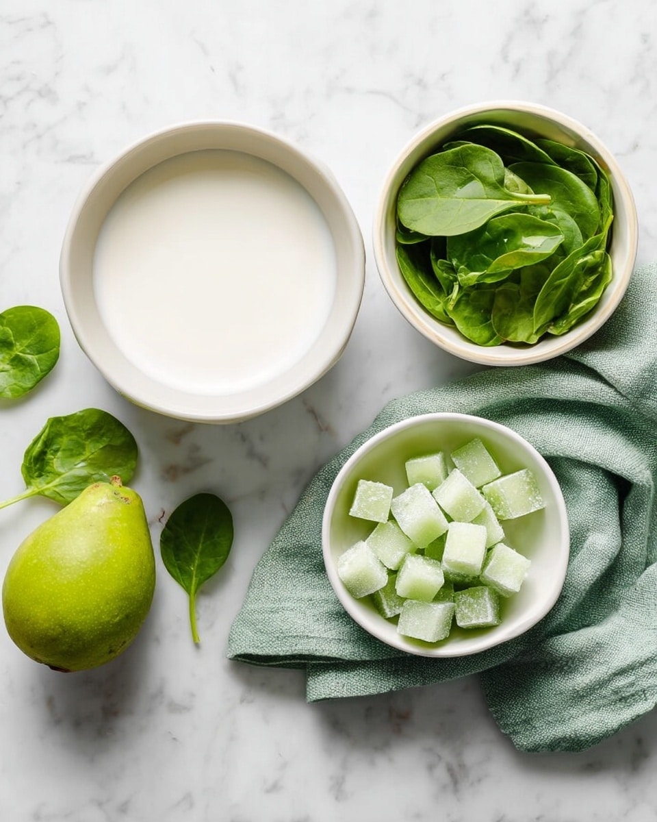 The image shows a white marbled surface with three white bowls and a green fruit. The bowl on the left holds a smooth, white liquid filling most of the bowl. The bowl on the bottom left is empty with clean white interior. The bowl on the right holds small, light green, frozen cubes with a frosty texture resting on a soft green cloth. Next to the bowls, fresh green spinach leaves, both inside a small white bowl and scattered on the cloth, add vibrant color. The green fruit sits on the marbled surface near the top left corner. Photo taken with an iphone --ar 4:5 --v 7