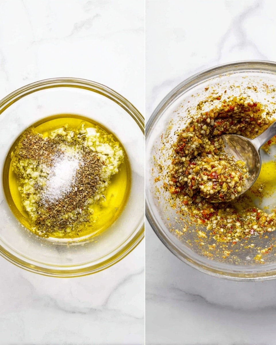 The image shows two clear glass bowls on a white marbled surface. The left bowl has layered ingredients: a bottom layer of light green crushed garlic, covered by a layer of golden olive oil, with brown dried herbs and white granulated salt sprinkled on top. The right bowl shows the same mix stirred into a grainy, textured paste with visible bits of garlic, seeds, and herbs being stirred with a spoon. The mixture looks moist and speckled with yellow, red, brown, and white colors. photo taken with an iphone --ar 4:5 --v 7