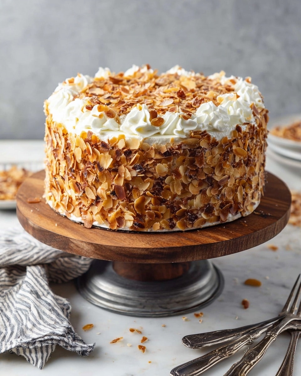 The image shows a round cake with several layers covered in white cream. The outside of the cake is thickly coated with almond slices that are golden brown and slightly crunchy looking, covering the top and all around the sides. The cake sits on a wooden cake stand with a metal base. The background and surface show a white marbled texture, with a striped cloth and two silver forks placed nearby. photo taken with an iphone --ar 4:5 --v 7