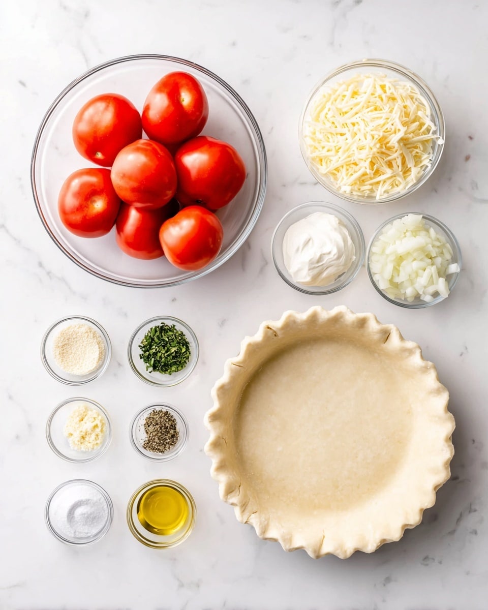 A white pie crust sits on the right side of a white marbled surface, with a smooth, even texture and a crimped edge. To the left, there is a clear bowl filled with bright red tomatoes, shiny and round. Above the tomatoes, smaller clear bowls hold shredded cheese (pale yellow), creamy white sour cream, and thin white onion slices. Small glass bowls contain green chopped herbs, darker green dried herbs, golden yellow olive oil, white salt, black and white pepper, and finely grated pale cheese, all neatly arranged in rows around the pie crust and tomatoes. The scene is brightly lit and clean, with everything placed on the white marbled surface photo taken with an iphone --ar 4:5 --v 7