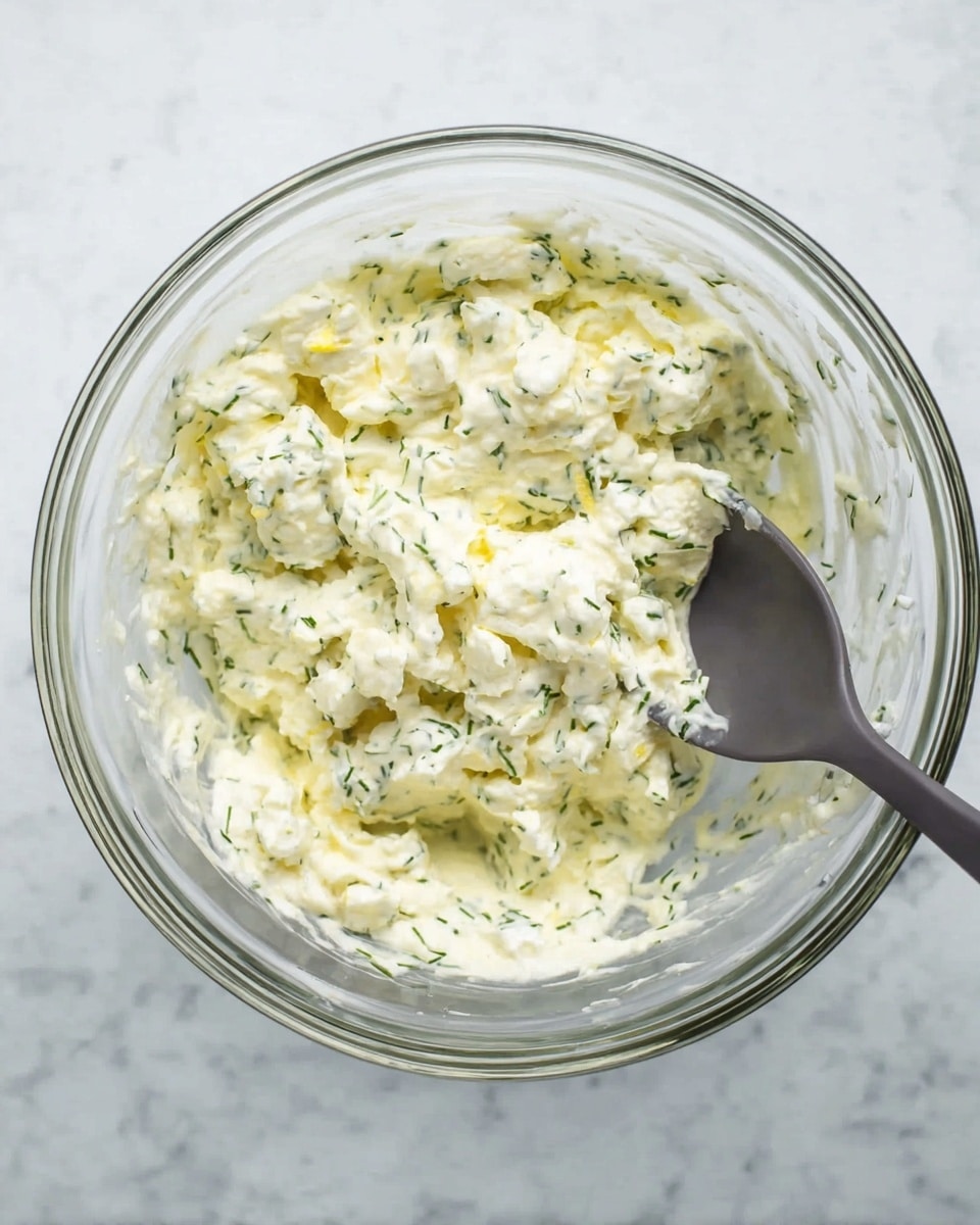 A clear glass bowl filled with a thick creamy white mixture with small pieces of pale yellow and white ingredients mixed evenly throughout, speckled with tiny green herb flakes. A dark gray spoon is resting inside the bowl, partially covered by the mixture, positioned on the right side. The bowl sits on a white marbled surface, giving a clean and fresh look to the scene. photo taken with an iphone --ar 4:5 --v 7