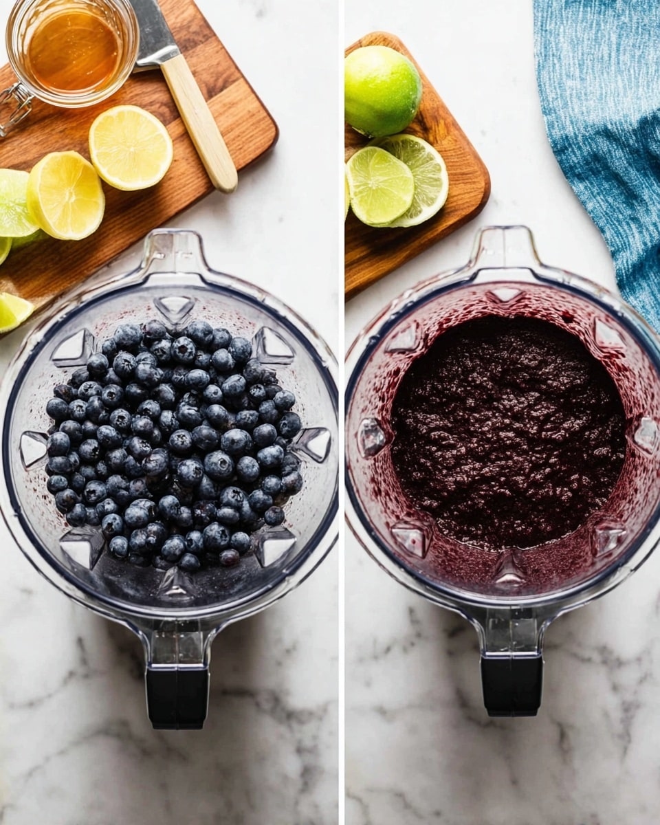 The image shows two stages of making a blueberry smoothie inside a clear blender jar placed on a white marbled surface. On the left side, the blender is filled with whole, dark blue blueberries piled in a single layer at the bottom of the jar, with a wooden cutting board holding half a lemon, half a lime, a knife, and a glass container with honey placed nearby. To the right of the blender, there is a blue cloth napkin. On the right side, the same blender now contains a thick, dark purple blended blueberry mixture with visible texture from the blending process, all inside the clear jar, surrounded by the same white marbled surface and items. Photo taken with an iphone --ar 4:5 --v 7