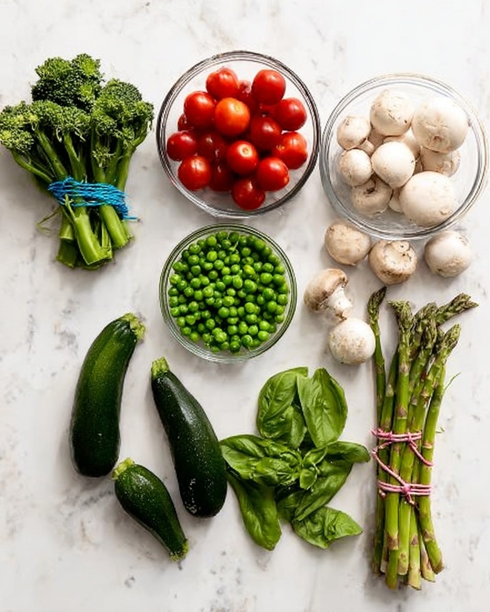 The image shows a white marbled surface with fresh vegetables arranged neatly. From left to right, there's a bunch of green broccolini tied with a blue string, a clear glass bowl filled with bright red cherry tomatoes, a clear glass bowl of whole white mushrooms, a clear glass bowl of green peas, a small pile of bright green snow peas, a whole dark green zucchini, a bunch of fresh green basil leaves, and three asparagus spears tied with a pink string. The colors are vibrant with fresh textures, and everything is neatly spaced out on the white marbled background photo taken with an iphone --ar 4:5 --v 7
