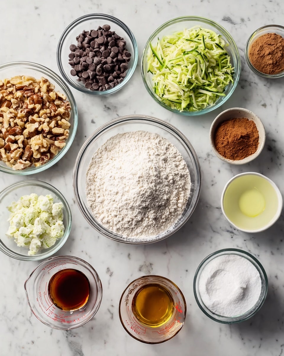 The image shows various clear glass bowls and measuring cups arranged on a white marbled surface, each filled with different baking ingredients. There is a large bowl of white flour at the center, surrounded by smaller bowls containing light brown chopped nuts, dark chocolate chips, white sugar, grated green zucchini, a single raw egg, a pale yellow liquid (likely oil), a small amount of white salt, reddish-brown cinnamon, light brown vanilla extract, and a small amount of white baking powder. The bowls and cups are neatly lined up with visible textures like powdery flour, rough chopped nuts, and smooth liquids, all under soft natural light. Photo taken with an iphone --ar 4:5 --v 7