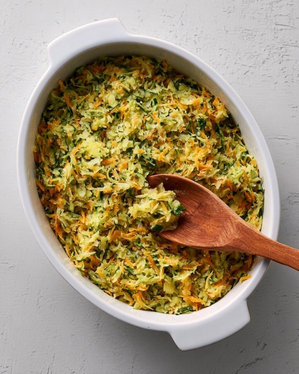 The image shows a white oval baking dish filled with a mixed vegetable casserole made from shredded green and orange vegetables, creating a speckled green and yellow texture across the dish. A wooden spoon with a rounded tip rests inside the dish on top of the soft, slightly grainy vegetable mixture. The dish is placed on a white marbled surface, providing a clean and simple background. Photo taken with an iphone --ar 4:5 --v 7