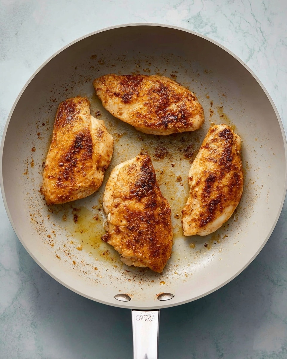 The image shows a white frying pan with four pieces of cooked chicken placed inside. Each piece is single-layered, showing a golden brown color with a slightly crispy texture, sprinkled with darker brown seasoning. The chicken pieces are spaced evenly on the pan's light gray surface, which has a little oil and small browned bits around them. The pan rests on a white marbled textured surface. Photo taken with an iphone --ar 4:5 --v 7