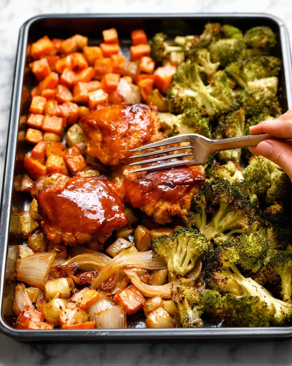 A black baking tray holds a cooked meal with three main layers: on the left side, small diced orange carrots and golden brown roasted onions form a rough, textured layer; in the center, two shiny, brown glazed chicken pieces sit, one with a silver fork pressing into it by a woman's hand; on the right side, a layer of roasted green broccoli florets with slight charring adds a fresh texture. The background is a white marbled surface. Photo taken with an iphone --ar 4:5 --v 7