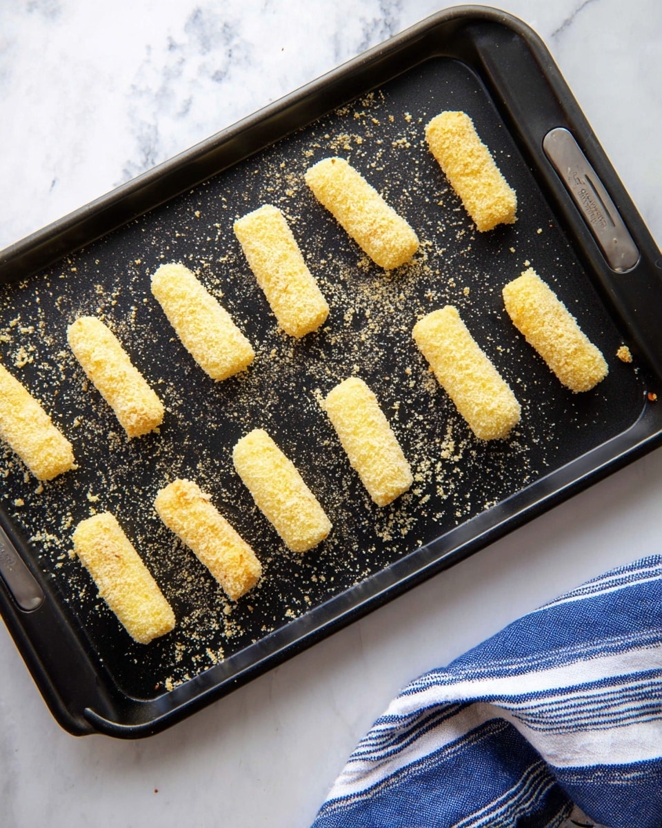 The image shows a black baking tray with eight small, evenly spaced, breaded stick-shaped pieces arranged in two rows, each coated in a light yellow crumb layer with some crumbs scattered around. The tray rests on a white marbled surface with a blue and white striped cloth partially visible on the right side. Photo taken with an iphone --ar 4:5 --v 7