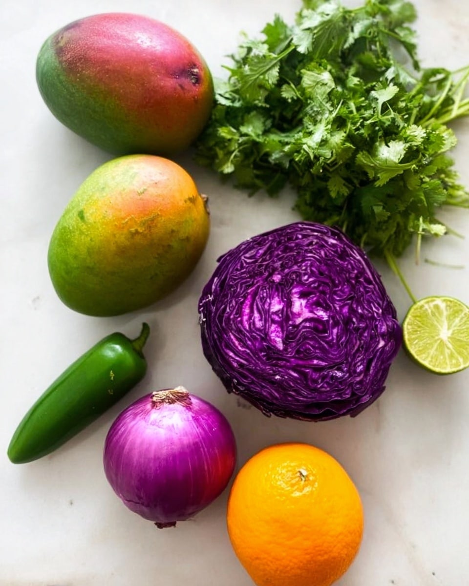 The image shows a group of fresh vegetables and fruits placed on a white marbled surface. There are two mangoes with green and red skin at the top left, a bunch of green cilantro leaves at the top right, and a bright orange orange fruit near the center. Below the orange, there is a whole purple cabbage with a rough texture, and to its left, a green jalapeño pepper and a lime. Near the lime and jalapeño, there is a half of a shiny purple onion with a smooth cut surface. All the items are arranged in an uncluttered way, showing their natural colors clearly. Photo taken with an iphone --ar 4:5 --v 7