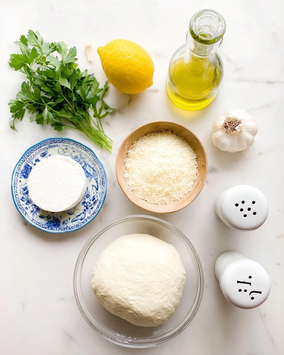 The image shows a top-down view of several ingredients neatly arranged on a white marbled surface. At the bottom right, a large clear glass bowl contains a ball of soft, white dough. To the left of it, a small white plate with blue patterns holds a round piece of white mozzarella cheese. Just above and to the left, there is a bright yellow lemon, next to fresh green parsley leaves. Towards the center, a light brown wooden bowl is filled with grated white cheese. Above the bowl is a bulb of garlic with a bit of root showing. To the upper right of the bowl, there is a clear glass bottle filled with golden olive oil. Next to the bottle, two white ceramic shakers marked with