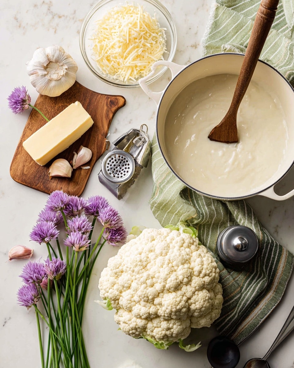 The image shows several fresh ingredients on a white marbled surface. There is a whole cauliflower with a few small florets separated and placed nearby, all light cream in color with a bumpy texture. A white bowl filled with thick, creamy white sauce sits near the cauliflower. Next to it is a large white pot with a wooden spoon resting inside, its round handle extending outward. A small wooden cutting board holds a stick of pale yellow butter partially wrapped in paper, a few cloves of garlic with purple streaks, and several stems of purple chive flowers with green stems. Nearby, there is a clear glass bowl filled with grated cheese, a silver set of measuring spoons, and a dark pepper grinder. A green striped cloth is placed beneath the cauliflower, adding a touch of color. Photo taken with an iphone --ar 4:5 --v 7