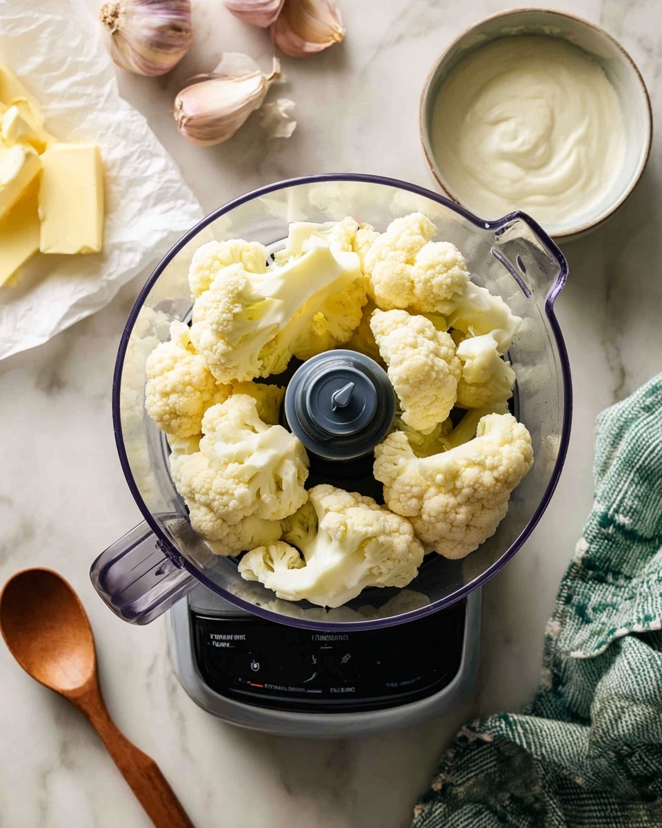 The image shows a clear food processor bowl filled with large, pale yellow cauliflower florets sitting on top of a black base with small buttons. Around the processor, there is a white marbled surface holding a small white bowl of smooth white sauce, a few slices of light yellow butter on white paper, pale pink garlic bulbs, a beige spoon with a wooden handle, and a green and white striped cloth. photo taken with an iphone --ar 4:5 --v 7
