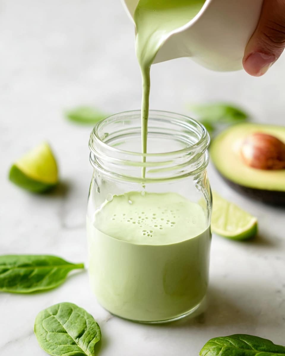 A clear glass jar is being filled with a light green creamy sauce, poured from a white small jug held by a woman's hand at the top right corner. The sauce flows smoothly into the jar, creating small bubbles on the surface. Around the jar on a white marbled texture are two fresh green spinach leaves at the bottom left and middle right side, half a peeled avocado and a lime wedge positioned out of focus near the edges of the scene. The overall setting is bright and clean, focusing on the fresh and creamy texture of the sauce. photo taken with an iphone --ar 4:5 --v 7