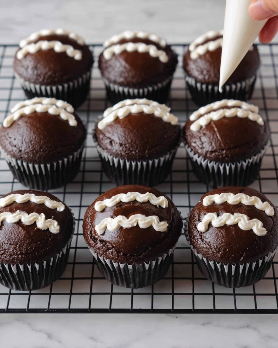 The image shows a close-up of several dark chocolate cupcakes with a soft, slightly rough texture on top, placed on a black wire cooling rack. One cupcake in the center is being filled with white cream from a clear piping bag held by a woman's hand, the creamy filling creating a small white circle inside the cupcake. The cupcakes have black paper liners, and the background is a white marbled surface that softly reflects light, giving a clean and bright look. photo taken with an iphone --ar 4:5 --v 7