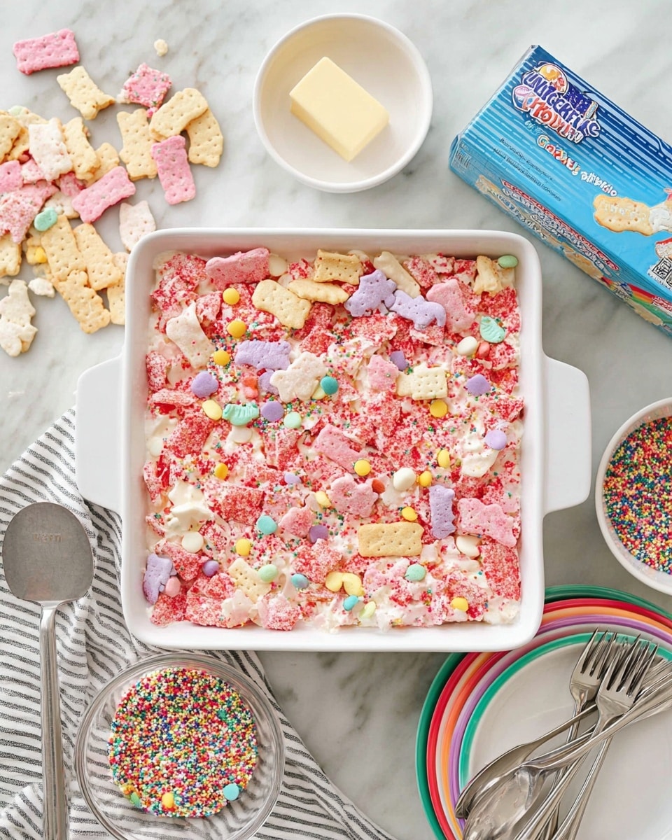 The image shows a square white baking dish filled with a colorful dessert made of crushed red and pink frosted animal crackers mixed with creamy marshmallow and topped with multicolored round sprinkles, creating a textured and layered look. Around the dish, there are whole frosted animal crackers scattered on a white marbled surface, a small white bowl holding a pale yellow stick of butter, and a blue box of white chocolate pudding mix. In the bottom right corner, there are stacks of white plates with colorful rims and two metal forks placed on top, and a small clear bowl filled with bright rainbow sprinkles sits near the plates. A silver spatula lies on a striped cloth on the left side. photo taken with an iphone --ar 4:5 --v 7