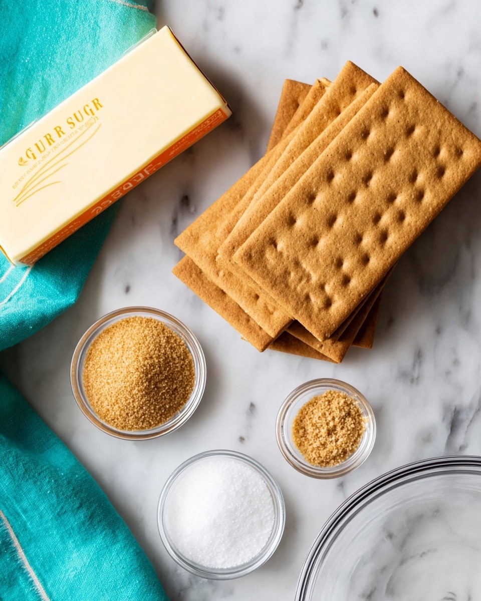 A white marbled surface holds a set of golden brown rectangular graham crackers arranged in two fanned stacks, one on top of the other. To the left, there is a pale yellow stick of unsalted butter with orange text on the wrapper. Below the butter, two small clear glass bowls hold light brown sugar and white granulated sugar. A turquoise cloth is partly visible at the bottom left corner. A clear glass mixing bowl occupies the bottom right edge of the image. photo taken with an iphone --ar 4:5 --v 7