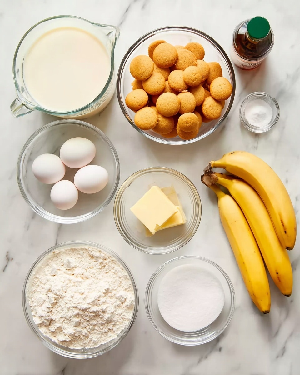 The image shows several clear glass bowls and a clear measuring cup with ingredients on a white marbled surface. Starting from the top left, one large bowl contains small golden brown round cookies stacked loosely. Next to it is a small bottle with a green cap. Below this bowl is a clear glass measuring cup filled with light cream-colored milk. To the right of the measuring cup is a small bowl holding three white eggs. Above it is a small bowl of white granulated sugar. Next to the sugar is a tiny bowl of white salt. To the right of the salt is a small bowl with a pale yellow butter pat. Adjacent to the butter is a bowl filled with white flour, and just below these bowls, two whole yellow bananas rest side by side on the surface. The overall setting is neat and well lit, with a clean and simple look photo taken with an iphone --ar 4:5 --v 7