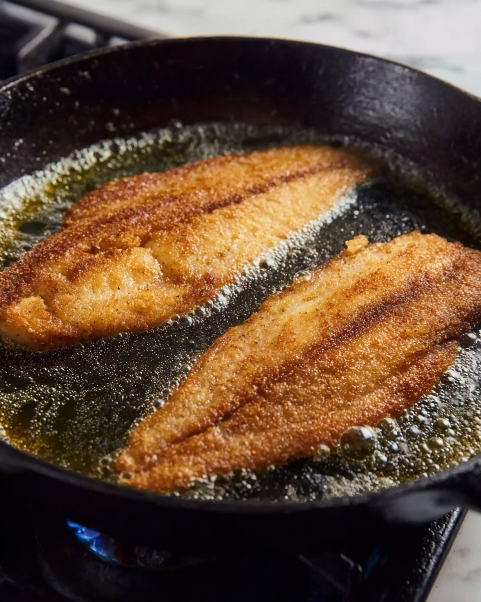 Two golden brown fish fillets are frying in clear oil inside a black cast iron skillet. The fillets have a lightly crispy texture with small bubbles near the edges. The skillet sits on a stove burner, and the background shows a white marbled surface. The scene is close up and well lit, highlighting the sizzling oil and the warm color of the fish. Photo taken with an iphone --ar 4:5 --v 7