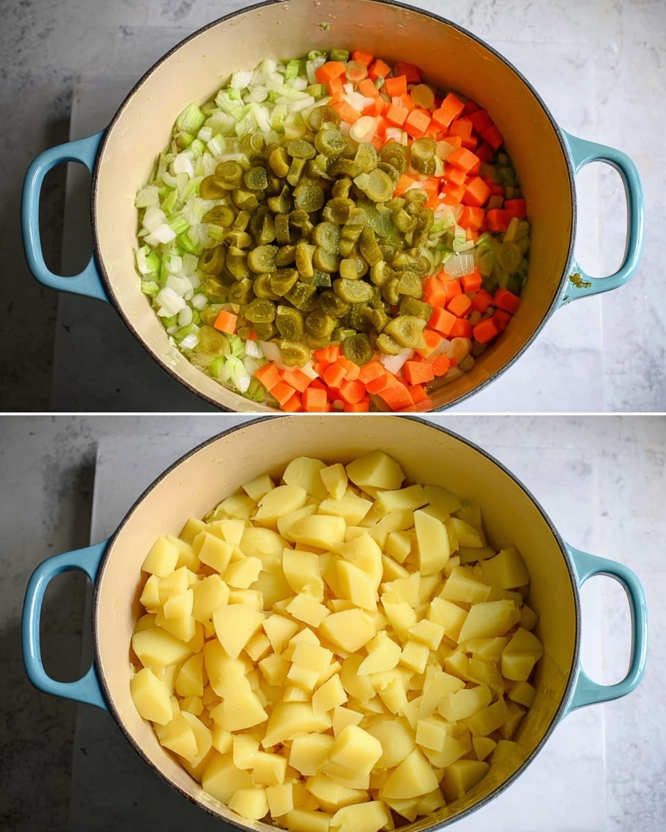 The image shows a light blue pot with two cooking stages inside it, placed on a white marbled surface. In the top part, the bottom layer is finely chopped vegetables including orange carrots, white onions, and light green celery spread evenly. On top of this, there is a layer of many small, chopped green pickles. In the bottom part of the image, the same finely chopped vegetable layer remains at the bottom, now covered by a thick layer of peeled, chopped yellow potatoes, stacked loosely and filling the pot. The pot has a cream inside surface and is centered in the frame. Photo taken with an iphone --ar 4:5 --v 7