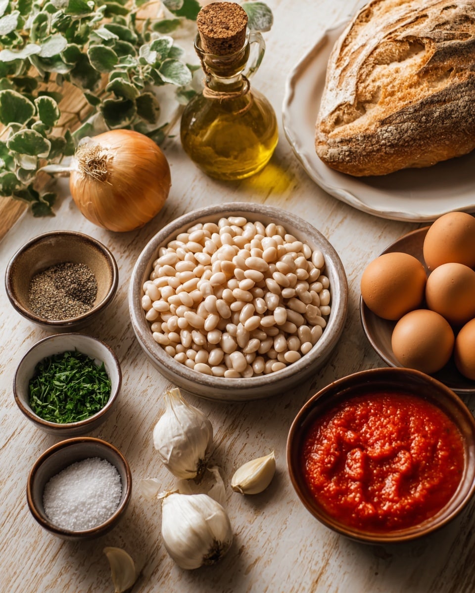 The image shows a bowl full of white beans as the main focus, placed on a wooden surface. Around the bowl, there are several ingredients arranged neatly: a white bowl with four brown eggs on the right, a large piece of crusty bread on a white plate in the upper right corner, a small brown bowl filled with red tomato sauce in the front right, several garlic cloves scattered near the white beans, a whole onion to the left side, a small bowl with chopped green herbs, a small bowl with coarse salt, and another small bowl with black pepper. There is also a clear glass bottle of olive oil with a cork top and a green leafy plant in the background, all set on a white marbled surface. photo taken with an iphone --ar 4:5 --v 7