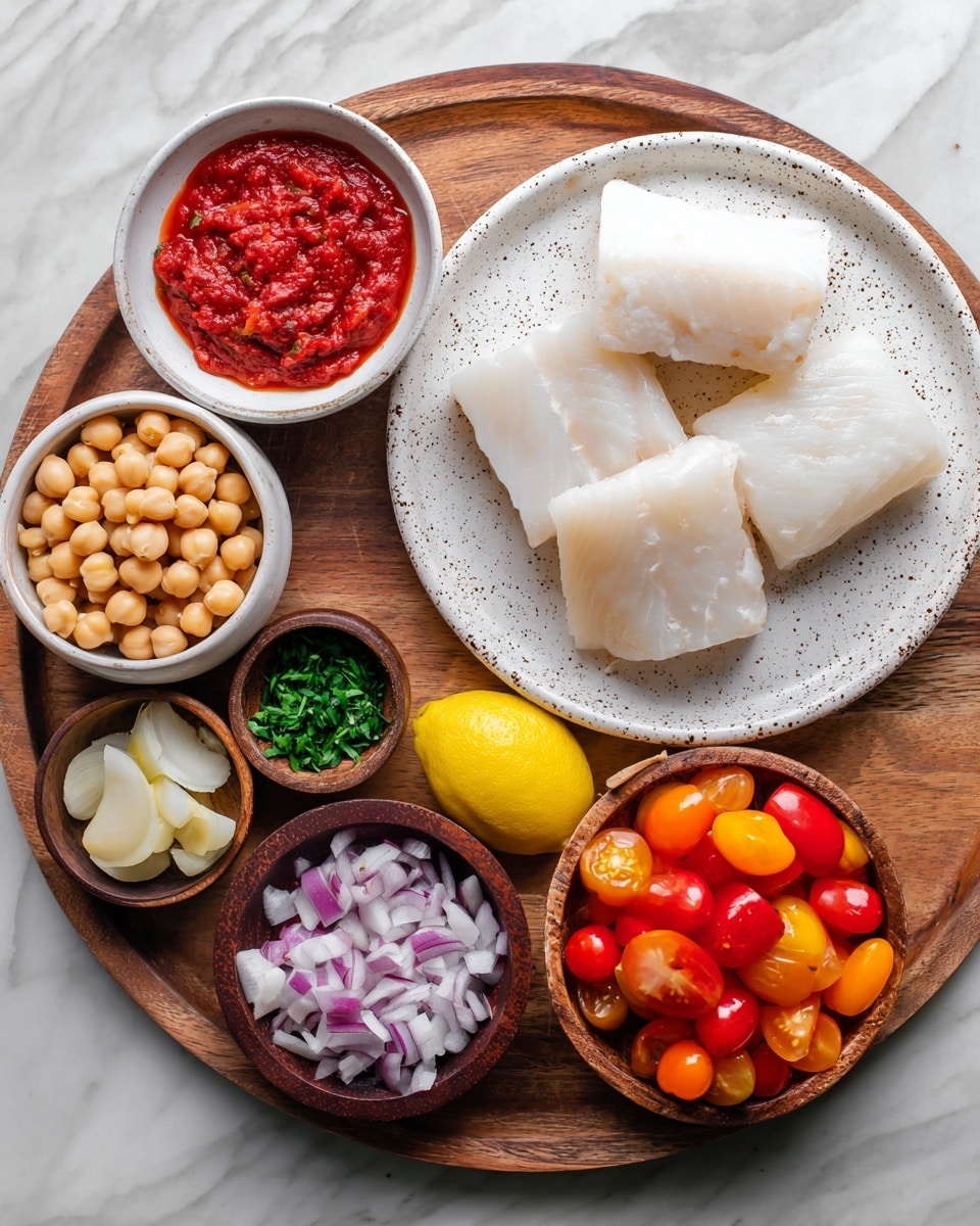 The image shows a wooden round tray on a white marbled surface holding a variety of ingredients. At the top right on a white speckled plate, there are three large pieces of white fish fillets with a smooth texture. Around the plate, there is a half lemon with a bright yellow color, a small white bowl filled with red tomato sauce that has a slightly chunky texture, a small white bowl with chopped green herbs, and a small dark bowl with thin, round slices of garlic. On the left side of the tray, a small wooden bowl is filled with pale yellow chickpeas, next to another wooden bowl with finely chopped light purple onions. At the bottom right, a large white bowl holds halved small tomatoes in red and orange colors, showing their juicy interiors. Photo taken with an iphone --ar 4:5 --v 7