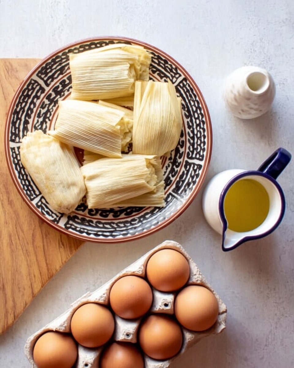 A top view of a white plate with black and brown patterns, filled with six light yellow masa dough pieces wrapped in corn husks, placed on a wooden table. Next to the plate on the right side, there is a small white marbled pitcher with a dark blue handle filled with yellow liquid, and below it to the right is an open egg carton holding eight brown eggs. The background surface is a white marbled texture photo taken with an iphone --ar 4:5 --v 7