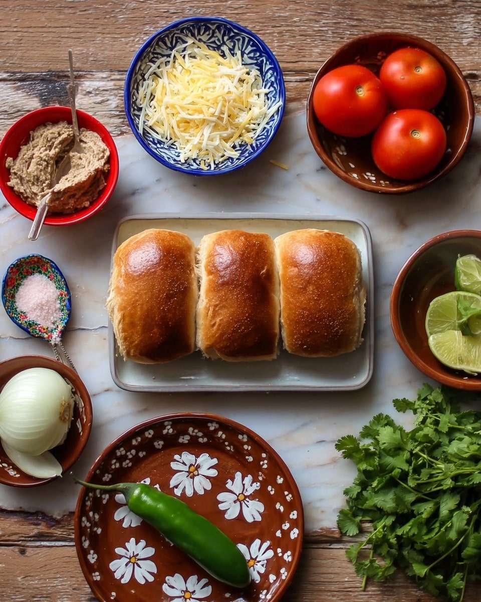 The image shows a white rectangular plate with three golden-brown bread rolls placed side by side in the center on a white marbled surface. Around the plate, there are several small dishes: on the top left, a small blue and white bowl filled with shredded cheese; below that, a colorful small spoon with coarse salt. To the left of the plate, a red bowl contains a chunky beige spread with a small silver spoon resting inside. To the right of the white plate, a brown ceramic plate with white floral patterns holds one green chili pepper and two red tomatoes. Above that, a small brown bowl contains halved limes. Another small brown plate holds a large wedge of white onion. On the right edge of the image, a bunch of fresh green cilantro is laid out. Photo taken with an iphone --ar 4:5 --v 7