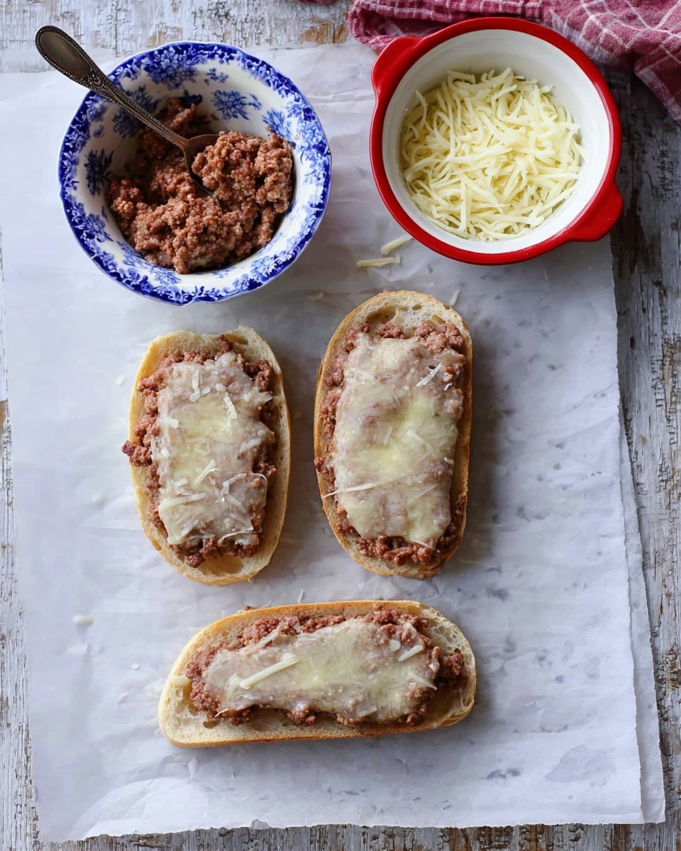 Three slices of bread are placed side by side on a sheet of parchment paper over a white marbled surface. Each slice is spread with a layer of soft ground meat topping that covers almost the entire surface. Above the bread, there are two small bowls: one white bowl with a blue floral pattern filled with shredded white cheese, and a white bowl with a red inside holding some more ground meat with a silver spoon resting in it. The overall scene is viewed from above, with natural light coming from the side. Photo taken with an iphone --ar 4:5 --v 7