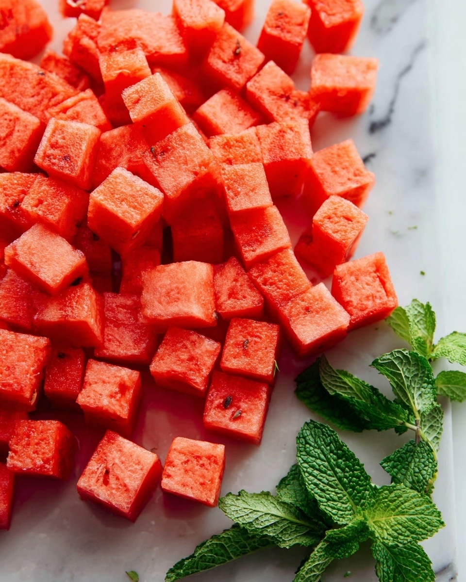 The image shows many small, bright red watermelon cubes arranged closely on a white marbled surface. Some cubes have small black seeds and the watermelon looks juicy with a smooth texture. To the right side of the watermelons, there are fresh green mint leaves scattered, adding a fresh look. The colors are vivid with the red of the watermelon and green of the mint standing out clearly against the white marbled background. photo taken with an iphone --ar 4:5 --v 7