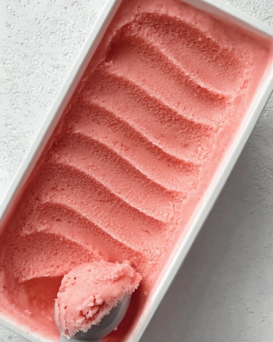 A close-up of a rectangular white container filled with smooth, pink frozen dessert, showing soft ridges made by a spoon or scoop across the top surface, with a slightly rough scoop taken from the bottom right corner, all placed on a white marbled texture background photo taken with an iphone --ar 4:5 --v 7