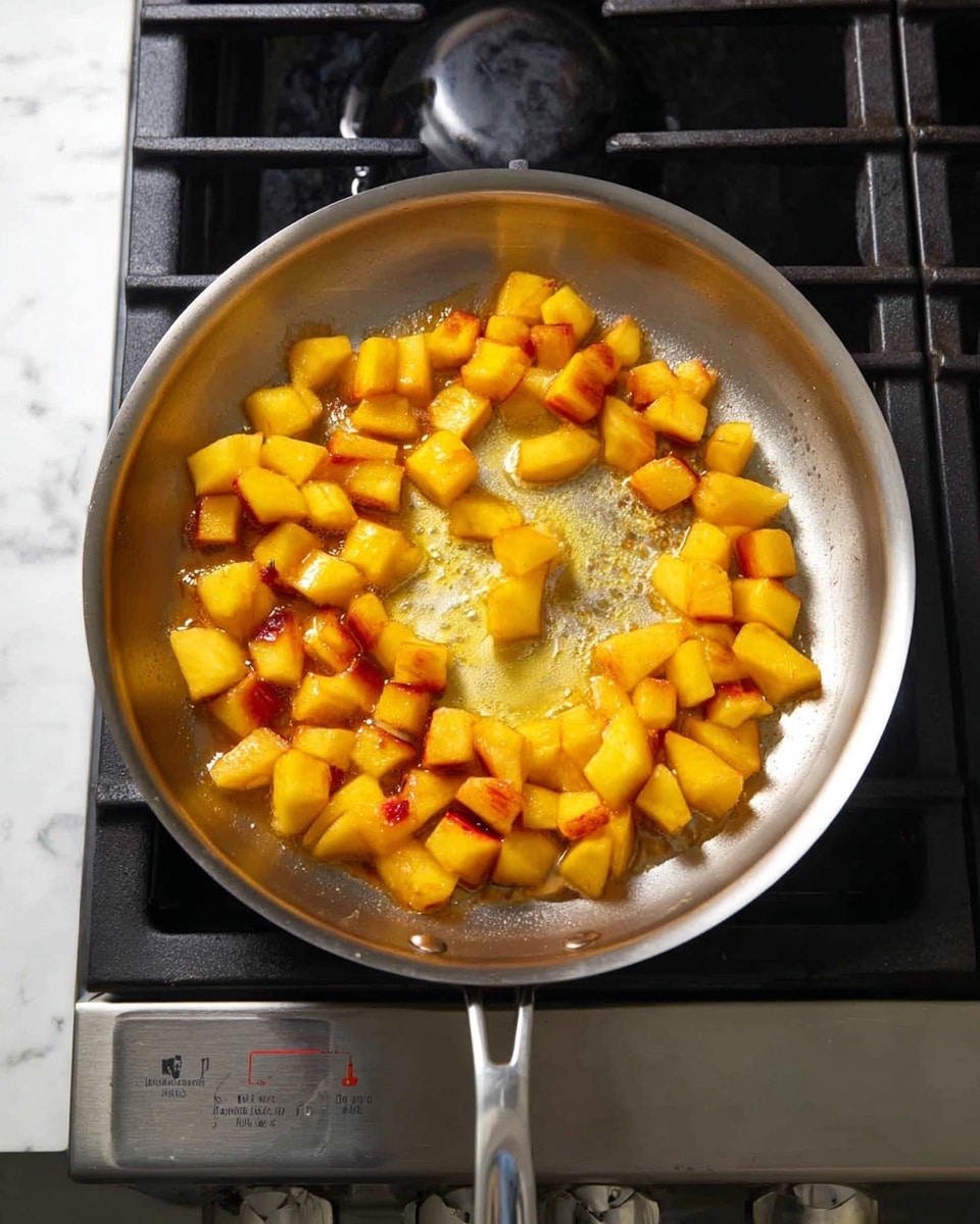 A round silver pan on a stove contains small cubes of cooked fruit that are golden yellow with hints of red from the skin, placed all around the pan except for the center where melted butter is pooling with a glossy texture. The fruit pieces have a slightly soft look and are spread evenly across the pan’s inner surface. The stove beneath is black with visible burner grates and a metallic front panel with buttons. The scene is set against a white marbled surface photo taken with an iphone --ar 4:5 --v 7