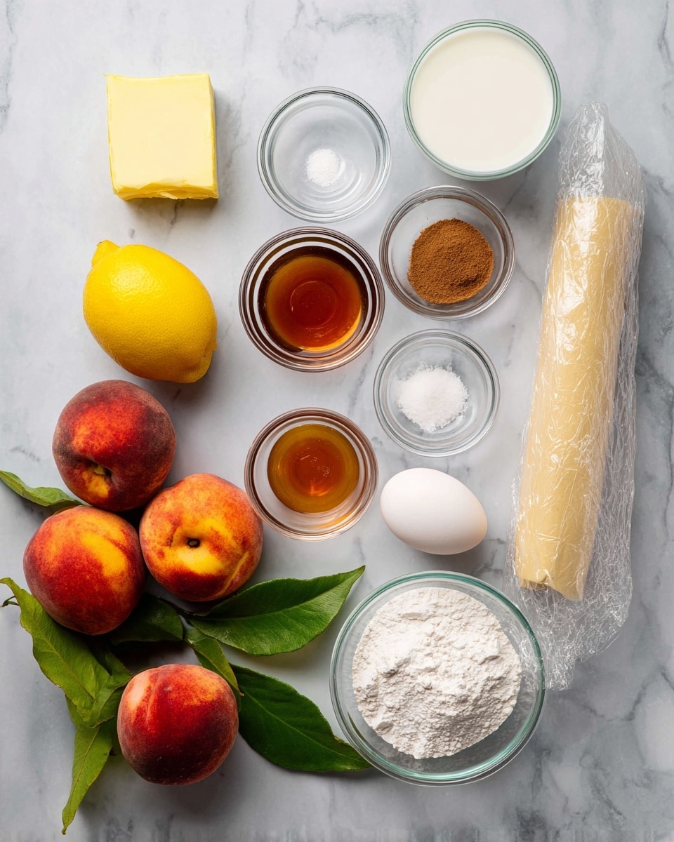 The image shows ingredients neatly arranged on a white marbled surface, including three ripe peaches with green leaves at the bottom left, a bright yellow lemon placed slightly above them, and a rolled piece of dough wrapped in plastic on the right side. Around the center-top area, there are eight small clear glass bowls containing different ingredients: a square of pale yellow butter, a dark amber syrup, white granulated sugar, light brown sugar, a brown powdery spice, white powder (likely cornstarch), and a single white egg in the largest bowl. The bowl with milk is also clear and placed at the top right. The setup is clean and bright, with each ingredient clearly visible and separate. Photo taken with an iphone --ar 4:5 --v 7