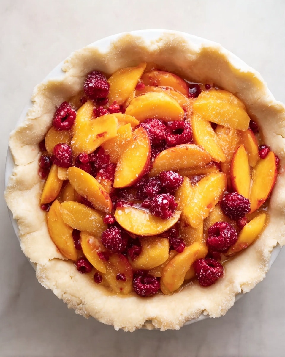 A white pie dish filled with raw dough pressed to the edges, forming a thick crust around the rim. Inside the crust, there is a colorful mix of sliced yellow-orange peaches and small red raspberries, distributed evenly with a slightly glossy texture, suggesting a light coating of sugar or juice. The dough looks soft and slightly crumbly, while the fruit appears fresh and vibrant. The dish is placed on a white marbled surface. photo taken with an iphone --ar 4:5 --v 7