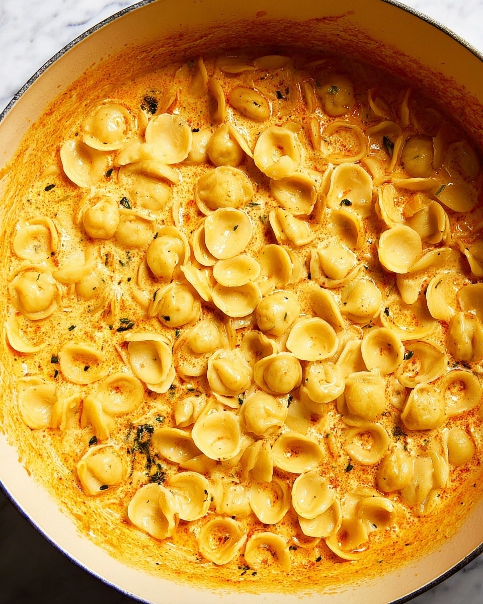 A close-up view of a large white pot filled with thick orange sauce with specks of herbs and spices, topped by a generous layer of small, round, yellowish pasta pieces that look soft and slightly swollen, floating on the surface. The sauce has a creamy texture with some oil spots and ingredients visible beneath the pasta. The pot’s edge is visible on the top right, containing the dish well. The photo is taken on a white marbled surface, giving a clean background. Photo taken with an iphone --ar 4:5 --v 7