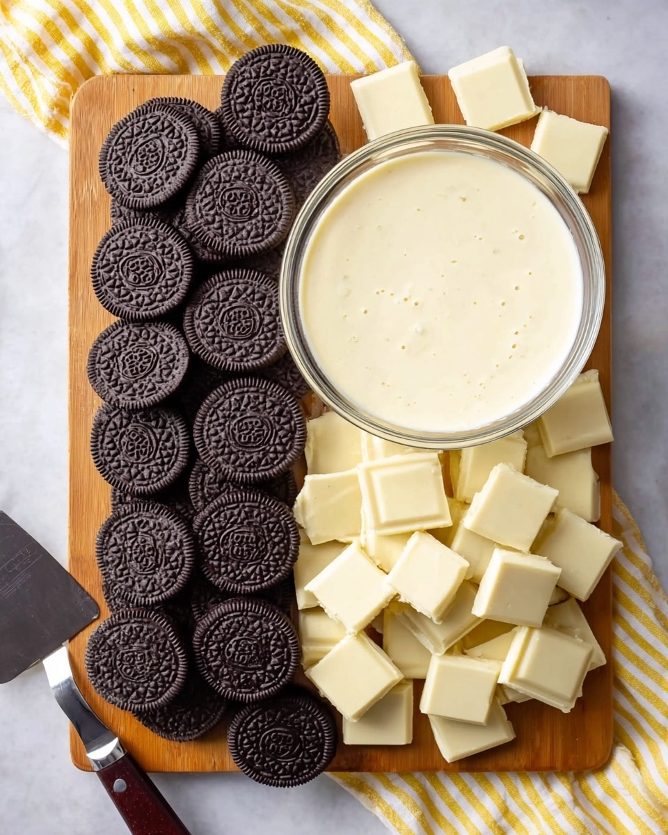 The image shows a wooden board with a layer of round, dark chocolate sandwich cookies aligned in a row on the left side, each cookie is deep black with detailed circular patterns. On the right side of the board, there are many square pieces of white chocolate stacked loosely in two piles, showing a smooth and creamy texture. In the middle of the board between the cookies and white chocolate squares, there is a clear glass bowl filled with a creamy white sauce or cream, its surface lightly dotted with small bubbles. A silver metal spatula with a dark wooden handle rests on the bottom left edge of the board. A yellow and white striped cloth is placed to the top right corner. The background is a white marbled texture photo taken with an iphone --ar 4:5 --v 7