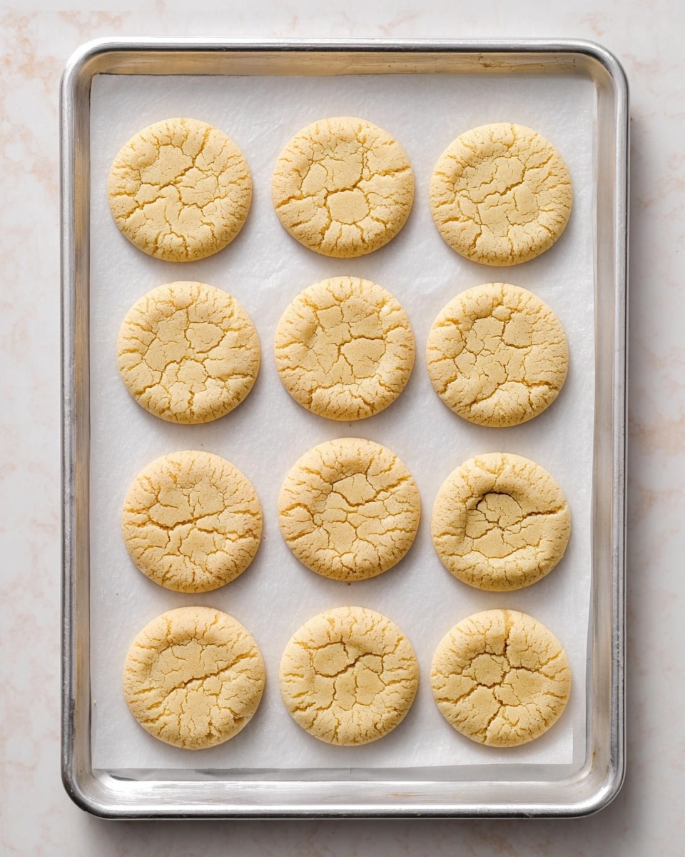 The image shows twelve round cookies arranged neatly in a 4 by 3 grid on a rectangular metal baking tray lined with white parchment paper. Each cookie is pale yellow with a cracked surface texture, revealing soft cracks and slight unevenness, and a light golden tint on the edges. The tray sits on a white marbled surface, giving a clean and bright background to the cookies. The cookies are evenly spaced with no overlapping, showing their perfect round shapes and a smooth top layer with natural cracks. photo taken with an iphone --ar 4:5 --v 7