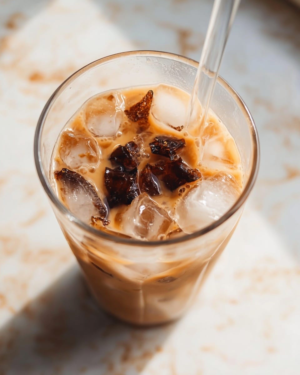 A clear glass filled with several ice cubes, light brown liquid that looks like coffee or tea, and some thick dark brown pieces floating on the surface; there is a clear straw placed inside the glass, which sits on a white marbled surface photo taken with an iphone --ar 4:5 --v 7