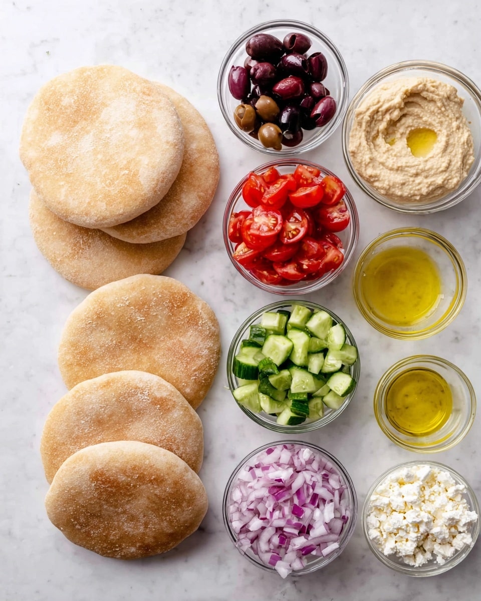 The image shows five round pita breads stacked on the left side, each with a light brown color and a soft, slightly fluffy texture. To the right, there are seven small clear glass bowls arranged in three vertical columns. The top left bowl has dark purple sliced olives with shiny skin and a firm texture. Below it, a bowl with red grape tomatoes, halved, showing juicy insides and a bright tone. The bottom bowl in this column holds chopped cucumber pieces, bright green with a fresh, crisp look. The top right bowl contains golden olive oil, smooth and shiny. Below it, a beige creamy hummus with a thick, slightly chunky texture. The bottom bowls from the right column have finely chopped red onions with white and purple layers, and white crumbled feta cheese with a soft texture. All items are placed on a white marbled surface. Photo taken with an iphone --ar 4:5 --v 7