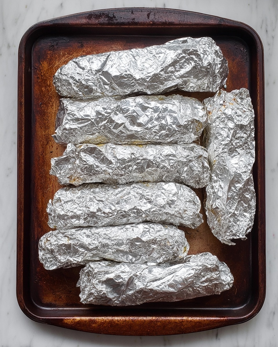 The image shows five long food items wrapped tightly in crumpled silver aluminum foil, all placed side by side on a dark brown baking tray. The foil covers each item completely with uneven, shiny, and wrinkled textures, reflecting light variably. The baking tray has rounded edges and an aged, slightly worn look with spots of discoloration. The setup is viewed from above on a white marbled surface. photo taken with an iphone --ar 4:5 --v 7