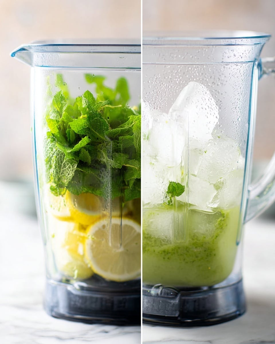 The image shows a clear blender container with fresh green mint leaves scattered on top, giving a leafy texture. Below the mint, there is a layer of light yellow lemon slices that surround the blade. The blender is placed on a white marbled surface. The right side shows the blender after blending, filled halfway with a frothy pale green liquid and ice cubes, surrounded by condensation on the clear plastic walls. The blender base is dark with subtle reflections, and the background has a soft focus. Photo taken with an iphone --ar 4:5 --v 7