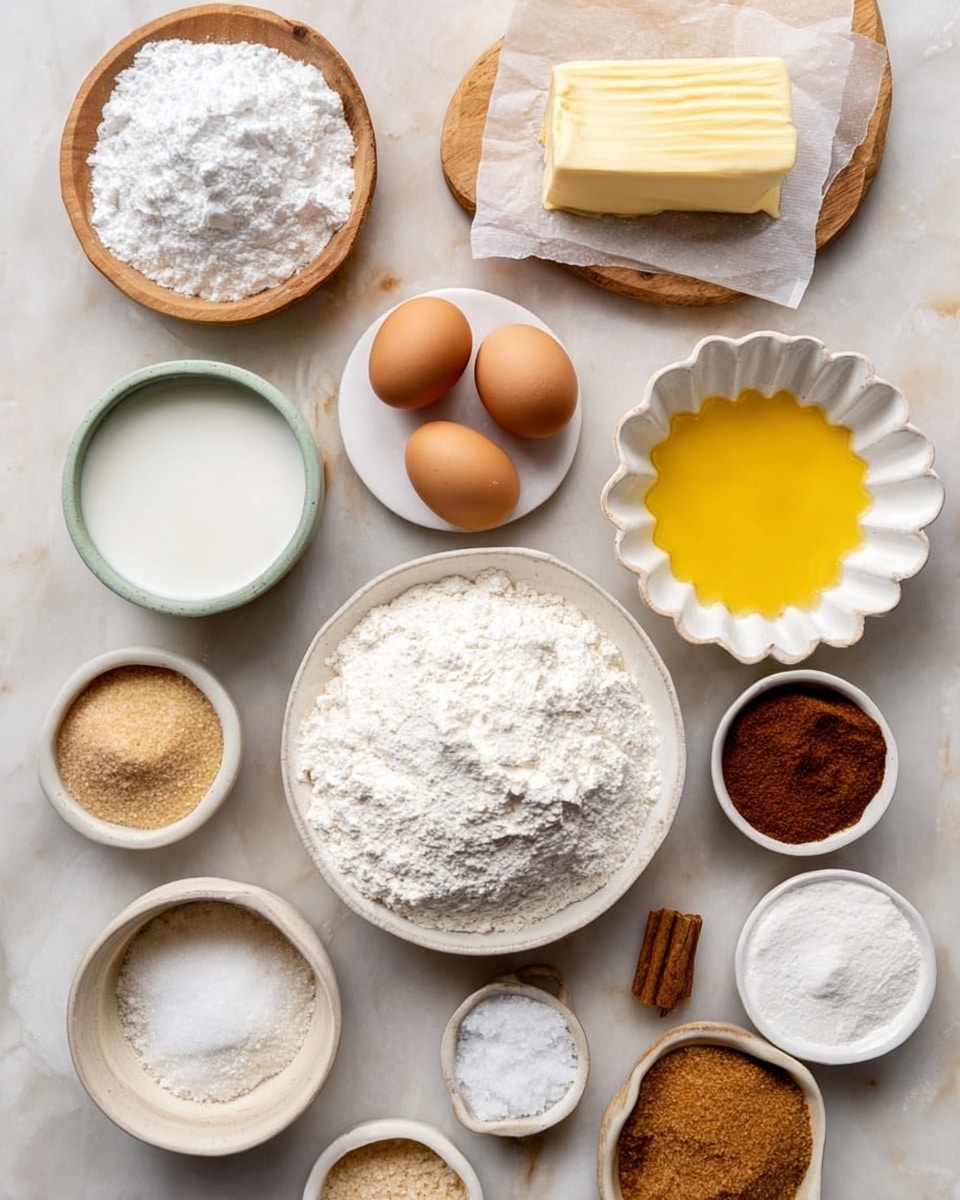A flat lay of various baking ingredients arranged neatly on a white marbled surface. At the center bottom, there is a white bowl filled with white flour, next to it a smaller white bowl with milk. To the left, there is a small white bowl with powdered sugar and above it, a rectangular piece of butter resting on parchment paper with two eggs in small speckled bowls nearby. At the top center is a white scalloped bowl with melted yellow butter. To its left are small white dishes with salt and white sugar on a wooden board. To the right of the melted butter are small white bowls containing light and dark brown sugar. A tiny white bowl with a pinch of cinnamon is placed near the center. The whole scene is organized to show the varied textures and colors of the ingredients against the clean white marbled surface photo taken with an iphone --ar 4:5 --v 7