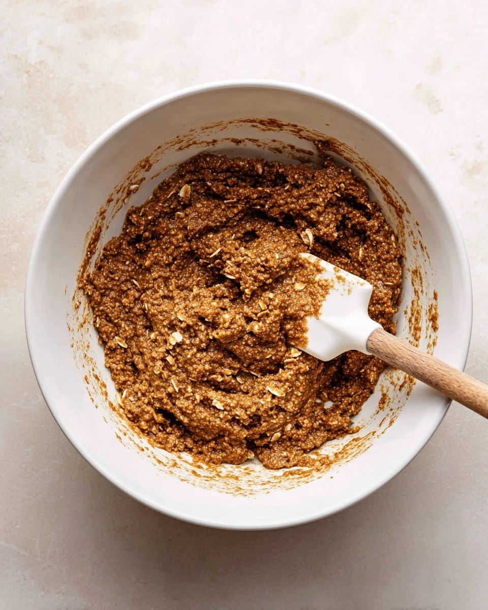 A white bowl filled with thick, lumpy brown dough mixed with oats, showing a rough texture and a dense consistency throughout. The dough is being stirred with a white spatula that has a wooden handle, resting inside the bowl, which shows some dough stuck on the sides. The background surface is a white marbled texture. photo taken with an iphone --ar 4:5 --v 7