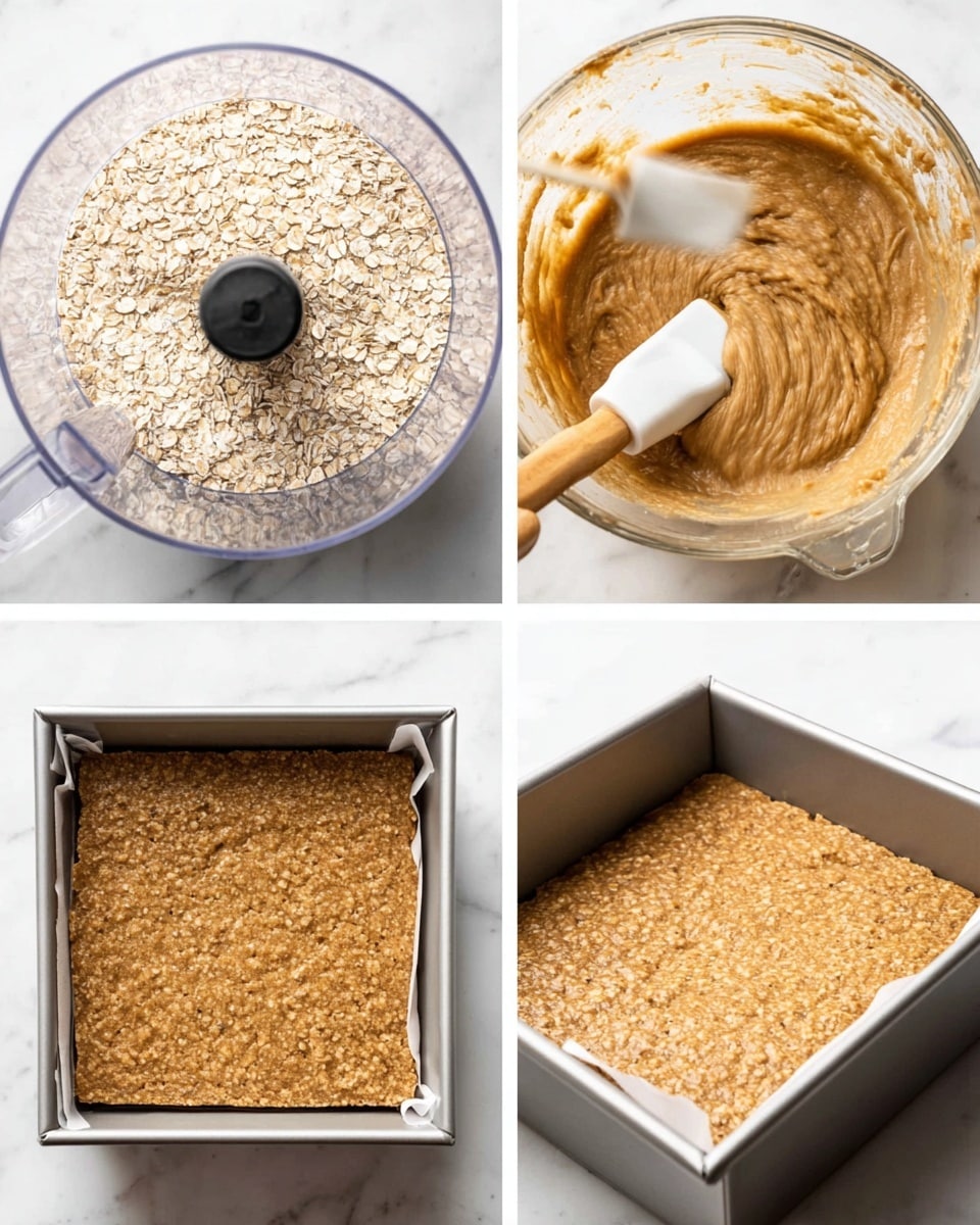 A collage of four images showing the steps of making an oat bar. The first image shows dry oats inside a clear round food processor bowl on a white marbled surface. The second image shows a clear glass mixing bowl with a thick, light brown batter being mixed with a white spatula that has a wooden handle. The third image shows the oat mixture evenly spread in a square metal baking pan lined with parchment paper and clips holding the paper in place. The oat mixture is light brown and has visible oat pieces. The last image shows the baked oat bar in the same pan, with a golden brown top that looks firm and slightly bumpy. photo taken with an iphone --ar 4:5 --v 7