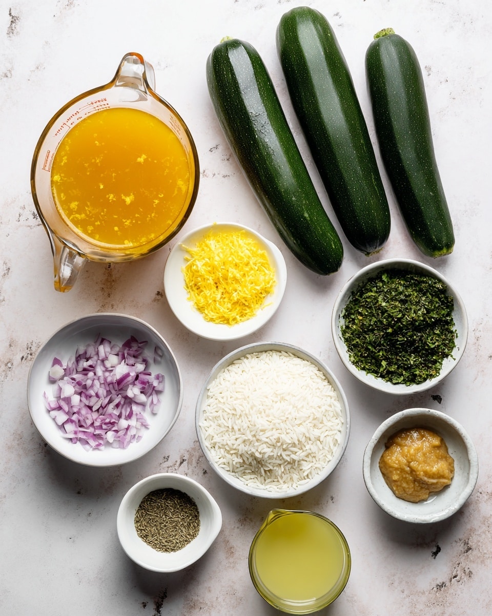 The image shows ingredients for a recipe arranged on a white marbled surface. There are three whole dark green zucchinis placed diagonally across the image. A large glass measuring cup filled with orange-yellow broth is on the top left. Next to it is a small white bowl with bright yellow lemon zest. Below that are two small white bowls, one with finely chopped purple onions and the other with light yellow ginger paste. In the center is a white bowl filled with white rice. Towards the top right, there is a white bowl full of chopped dark green fresh herbs. A small white bowl containing mixed dried herbs is near the bottom center. A small glass with light yellow lemon juice and another white bowl with a tan-colored paste are also visible. Everything is clearly separated and placed neatly visible from above. photo taken with an iphone --ar 4:5 --v 7