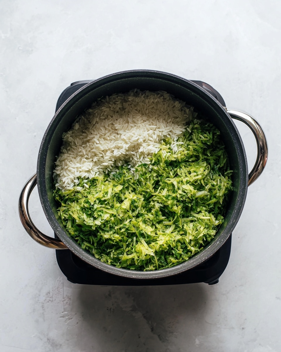 The image shows a black cooking pot with two metal handles on a black stove top, placed on a white marbled surface. Inside the pot, there are two distinct layers of ingredients: on the right and bottom side is a fresh, shredded green vegetable that looks moist and textured, while the left and top side contains short, white rice grains spread evenly and appearing dry. The colors contrast clearly, with the bright green vegetable and white rice filling up the pot halfway. The photo taken with an iphone --ar 4:5 --v 7
