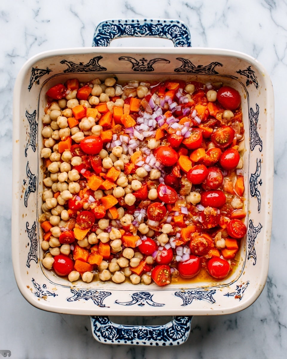 A square white ceramic baking dish with blue floral patterns on the handles sits on a white marbled surface. Inside the dish, there are three layers of ingredients: the bottom layer is beige chickpeas scattered evenly, the middle layer consists of small orange carrot pieces and halved bright red cherry tomatoes spread on top, and the top layer includes finely chopped pale purple onions and small bits of white garlic. In the second image, the ingredients are well mixed and evenly coated with a reddish sauce, making the chickpeas, carrots, and cherry tomatoes look glossy and vibrant. Photo taken with an iphone --ar 4:5 --v 7
