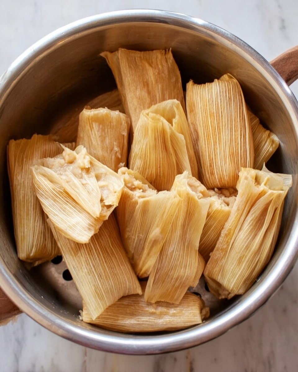 A round silver pot filled with two layers of light tan tamales wrapped in dried corn husks. The tamales are different sizes and folded closed at the top, showing a soft, crinkled texture. The inside of the pot is shiny metal with holes visible at the bottom layer where the tamales sit. The pot rests on a white marbled surface. photo taken with an iphone --ar 4:5 --v 7