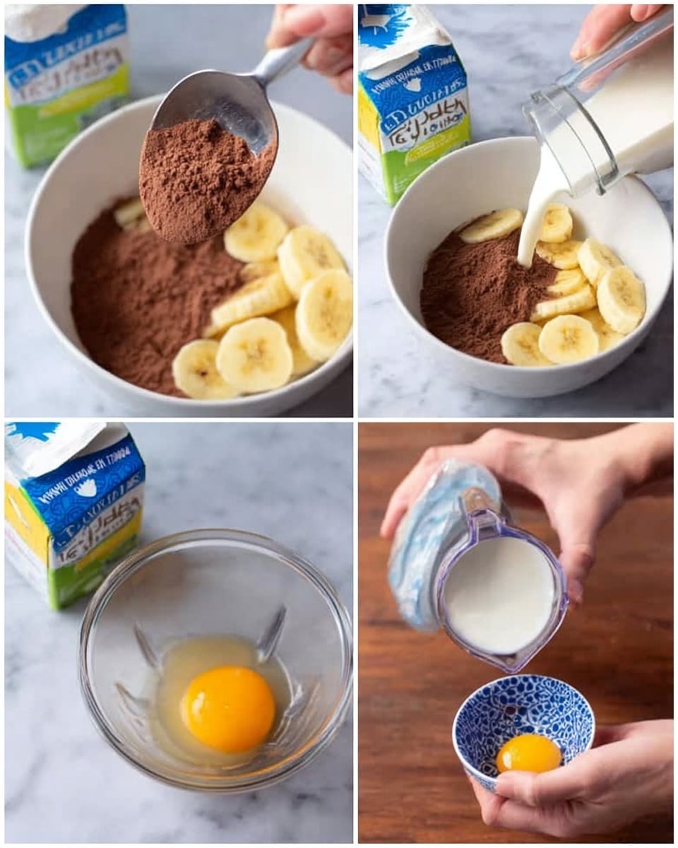 The collage shows three photos focused on making a chocolate banana smoothie. The first image has a white bowl on a white marbled surface, filled with sliced yellow banana and brown cocoa powder on top, with a silver spoon holding more cocoa powder over the bowl. The second image shows milk being poured from a white carton into the same bowl with banana and cocoa powder at the bottom. The third image captures a woman's hand holding a small blue patterned bowl with a raw yellow egg yolk inside, about to add it to the white bowl below containing the other ingredients, all placed on a white marbled surface. Nearby, the blender blade lid sits on the table beside a large carton of milk. Photo taken with an iphone --ar 4:5 --v 7