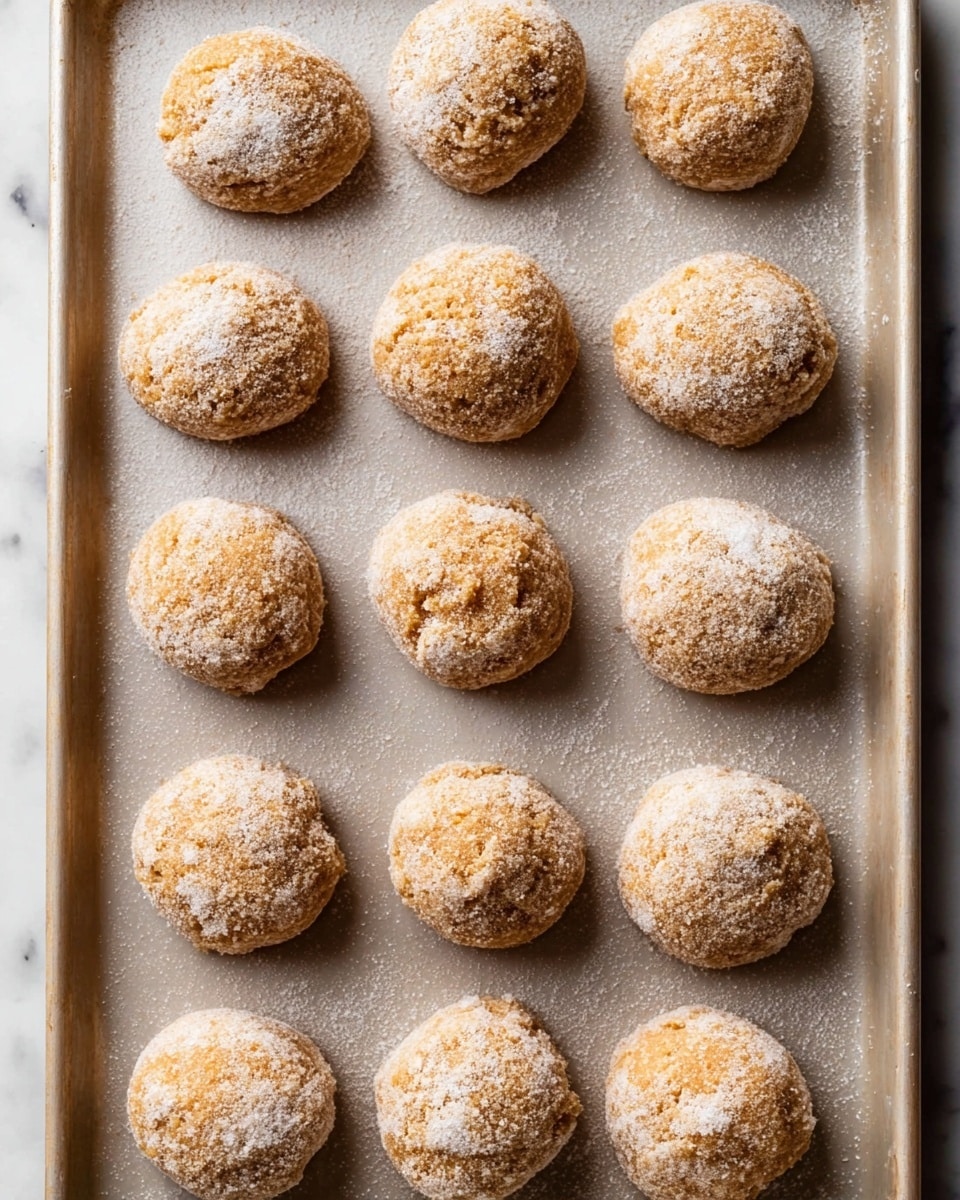 The image shows a grid of sixteen round cookie dough balls arranged in four rows and four columns on a baking sheet. Each dough ball is light brown with a rough, crumbly texture and is coated lightly with a layer of white sugar on top. The baking sheet beneath them is visible and has a smooth, slightly matte finish. The entire scene is set on a white marbled surface, highlighting the warm color of the dough balls and the sparkle of the sugar. photo taken with an iphone --ar 4:5 --v 7